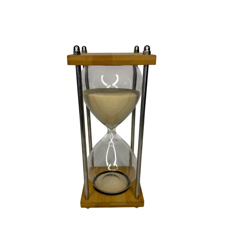 Bamboo Wood & Stainless Steel Pillar Glass Hourglass Sand Timer Desk Decor